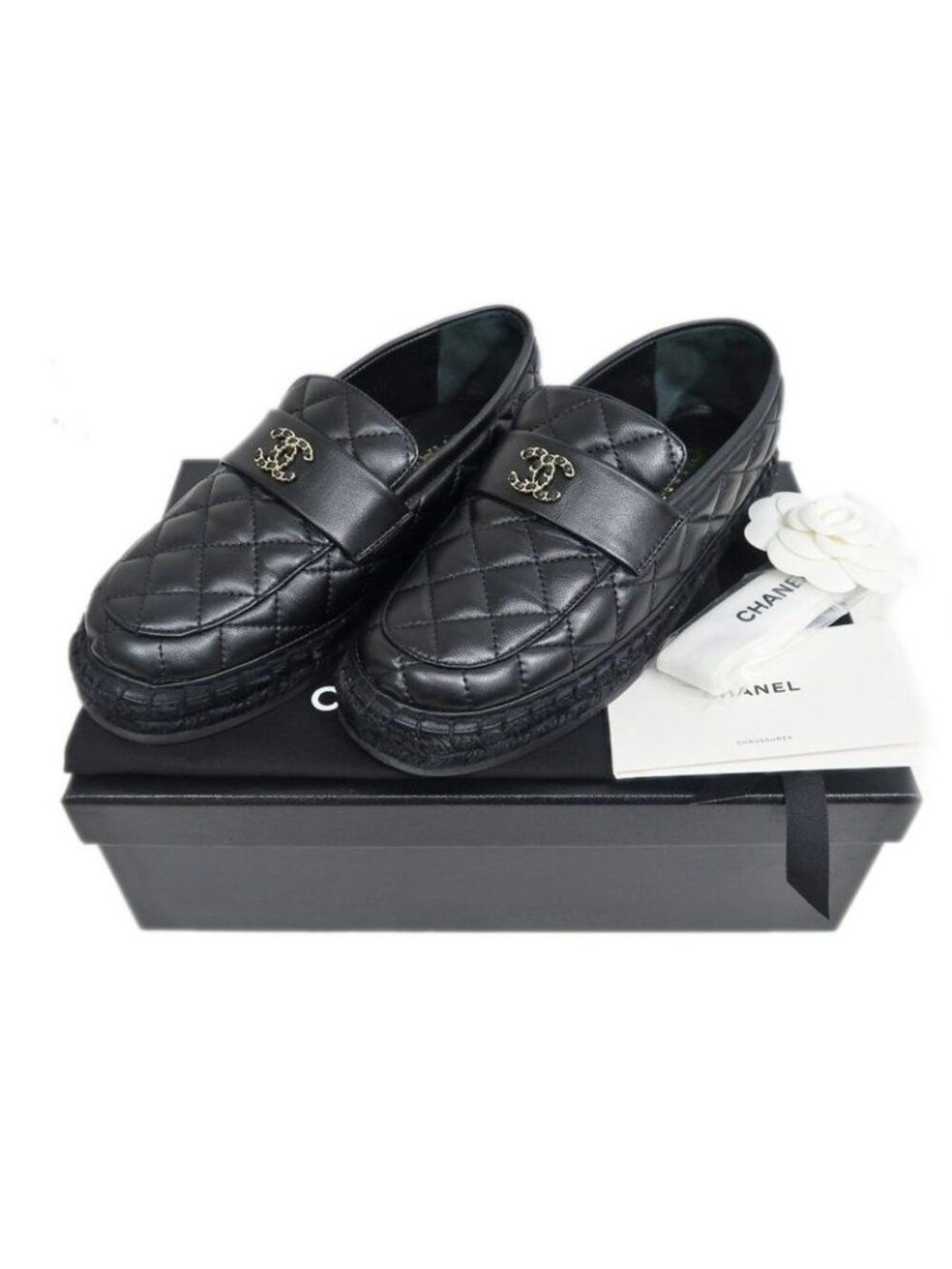 Chanel Loafers Size 37 C Lambskin Espadrilles Coco Mark Black - Picture 10 of 10